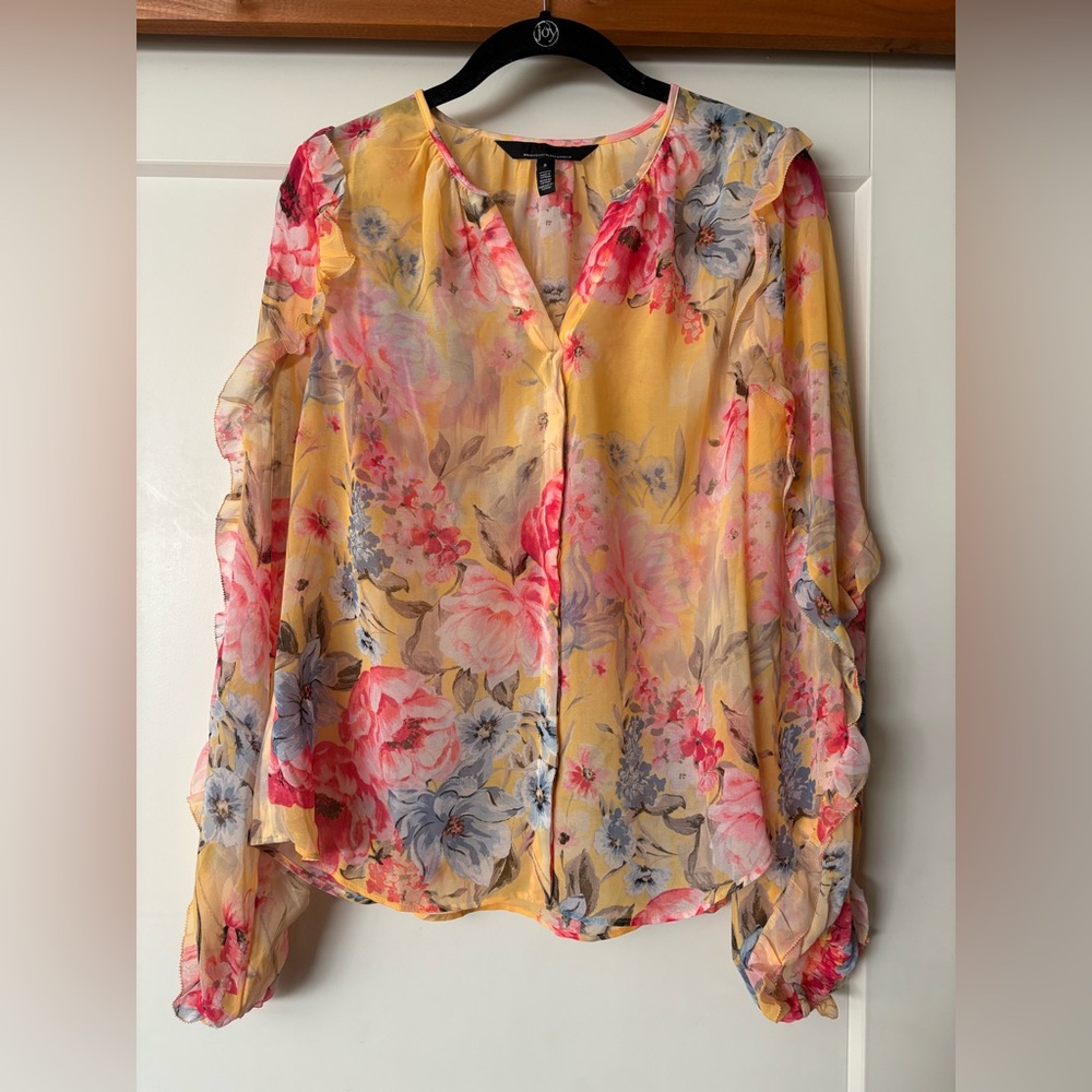 White House Black Market Floral Yellow and Pink Chiffon Blouse
